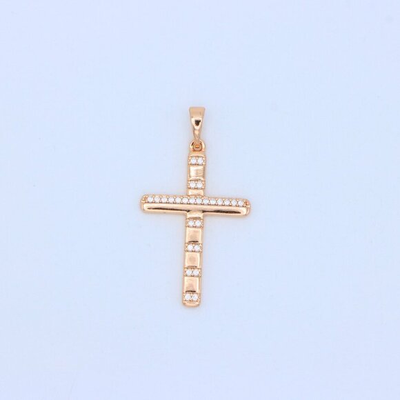 "Rose Gold Cross Pendant with CZ Stripes in Geometric Modern Design, XPPT1821 - Picture 10 of 12